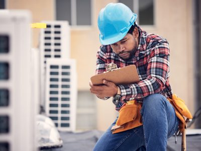 Engineer, roof and checklist for air conditioning maintenance, safety and inspection for quality as