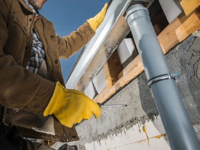 Worker Finishing Installation of Eaves Roof Gutters